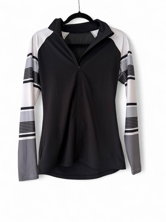 Lorna Jane Tops - Lorna Jane Black Zip-Front Jacket with Gray & White Striped Sleeves